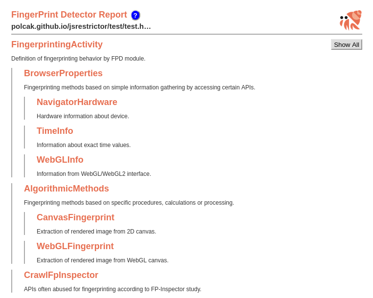 FPD report shows the reasoning to claim that a page is fingerprinting the
browser